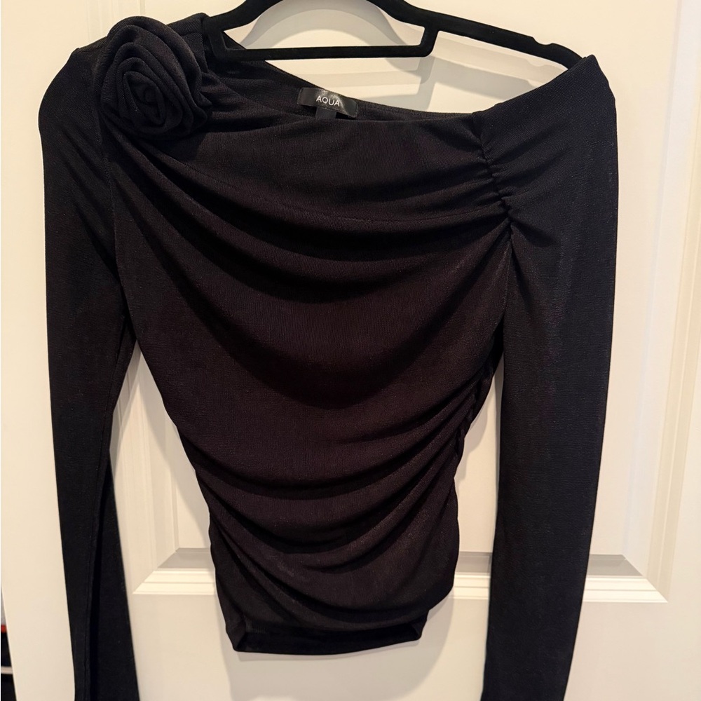 Aqua Black Long-Sleeve Ruched Draped Top with Shoulder Rosette